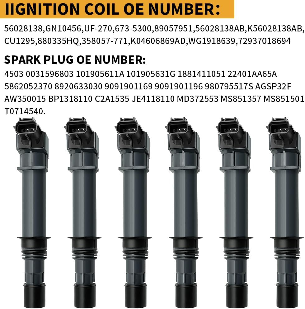 Set of 6 UF270 Ignition Coil with Iridium Spark Plug Compatible with 2000-2008 Dodge Dakota, 2004-2007 Ram 1500, 2000-2007 Durango,1999-2008 Jeep Grand Cherokee 4.7L V8