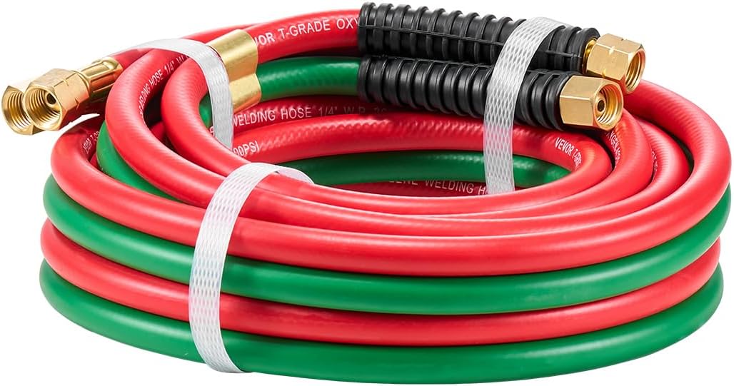VEVOR Oxygen Acetylene Hose, 1/4-Inch x 100FT Oxy Acetylene Hose with 9/16"-18 B Fitting, 300PSI T Grade Welding Cutting Torch Twin Hose, Compatible with Oxygen, Acetylene,Propane and Other Fuel Gases