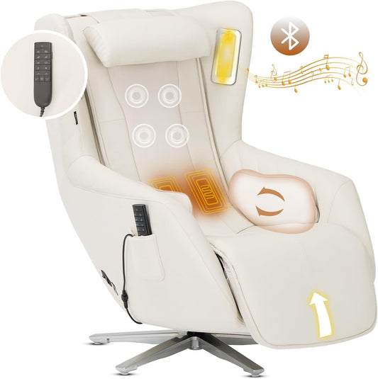 COLAMY Zero-Gravity Massage Chair | Massage and Leisure Dual-Use Chair,360° Swivel,Heat, Low-Noise 3D Bluetooth Speaker,Living Room, Bedroom（White