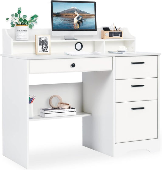 White Desk with Drawers and Storage, Home Office Desk Computer Desk with 4 Drawers & Hutch, Home Desk Small White Desk with Drawers for Bedroom, Home Office, White