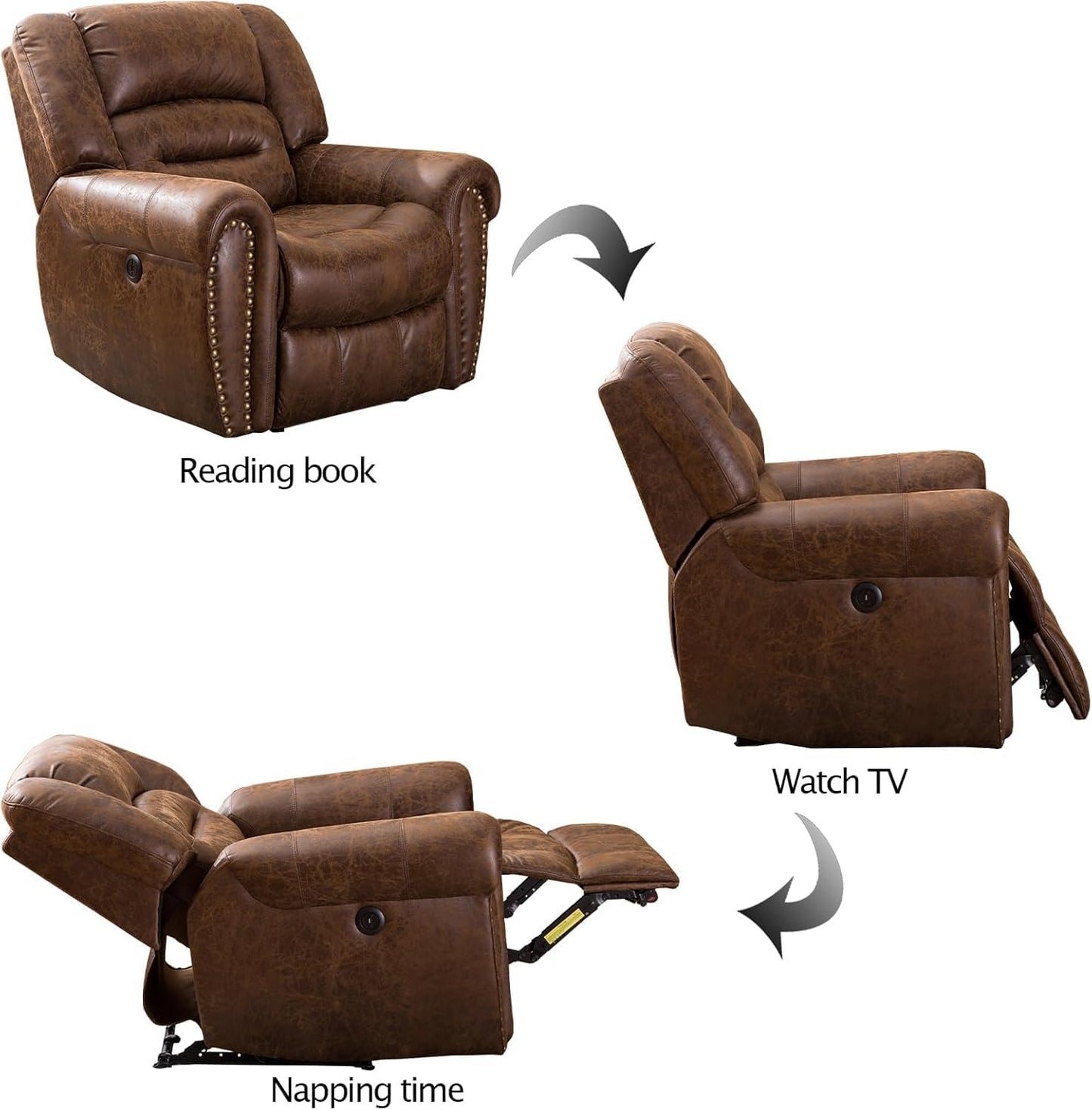 CANMOV Power Recliner Chair,Faux Leather Electric Recliner Chair with Padded Arms and Adjustable Backrest,Single Sofa with USB Charger for Living Room,Nut Brown