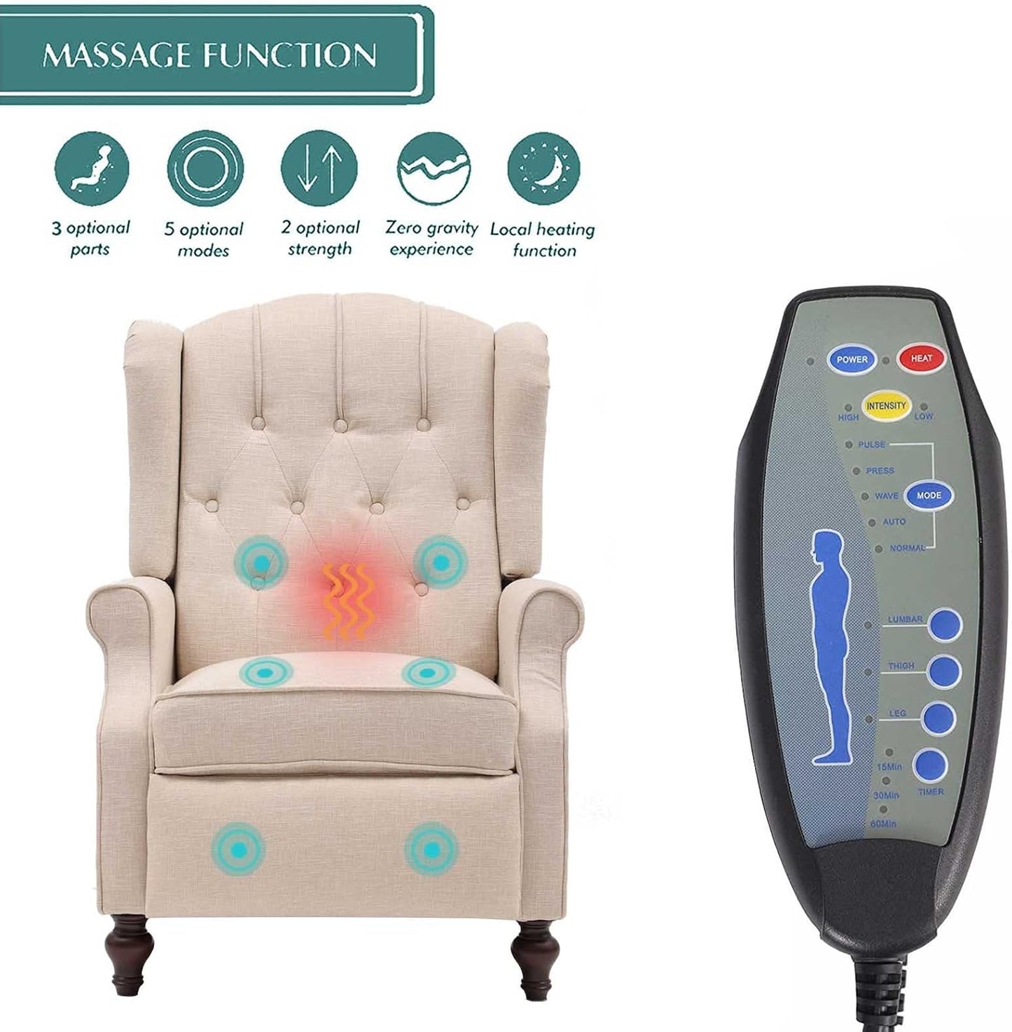 BINGTOO Wingback Recliner Chair with Massage and Heat Pushback Recliner Chair Mid Century Accent Chairs Tufted Fabric with Rivet Decoration for Living Room Bedroom