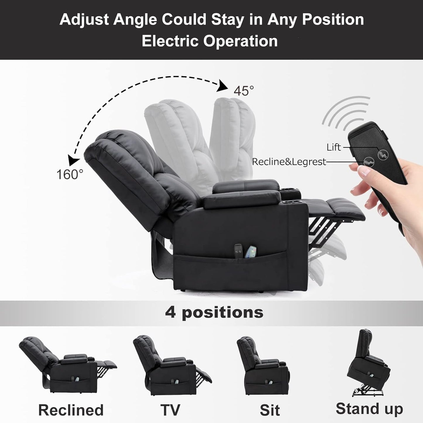 COMHOMA Power Lift Recliner for Elderly,Lift Chair with Heat and Massage,PU Recliner Sofa with Timing Function 2 Side Pockets,Cup Holders and Infinite Position for Living Room (Black)