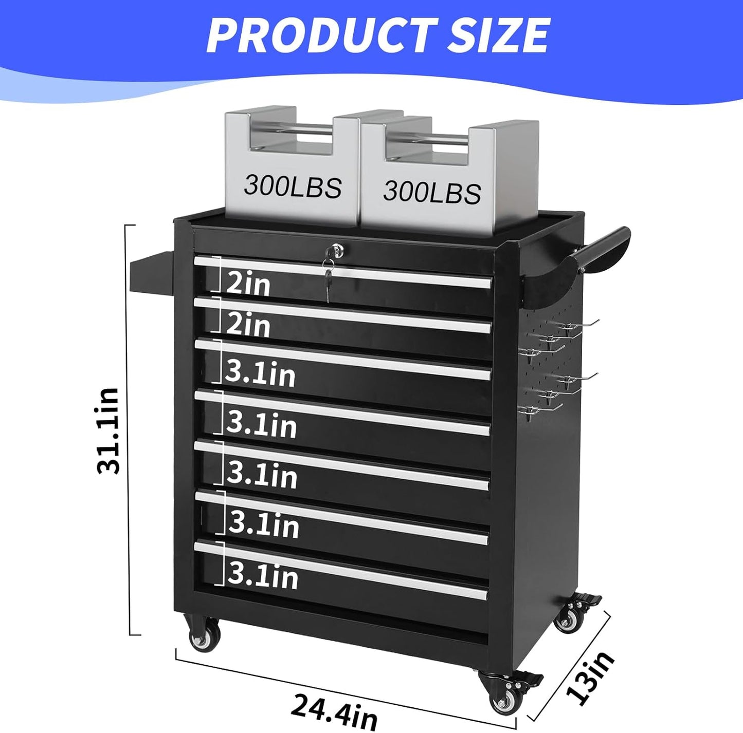Rolling Tool Chest 7 Drawers, Metal Tool Box with Wheels Lockable Garage Storage Cabinets Sliding Tool Drawer Cart Toolbox Organization Workbench for Workshop Warehouse Repair Shop