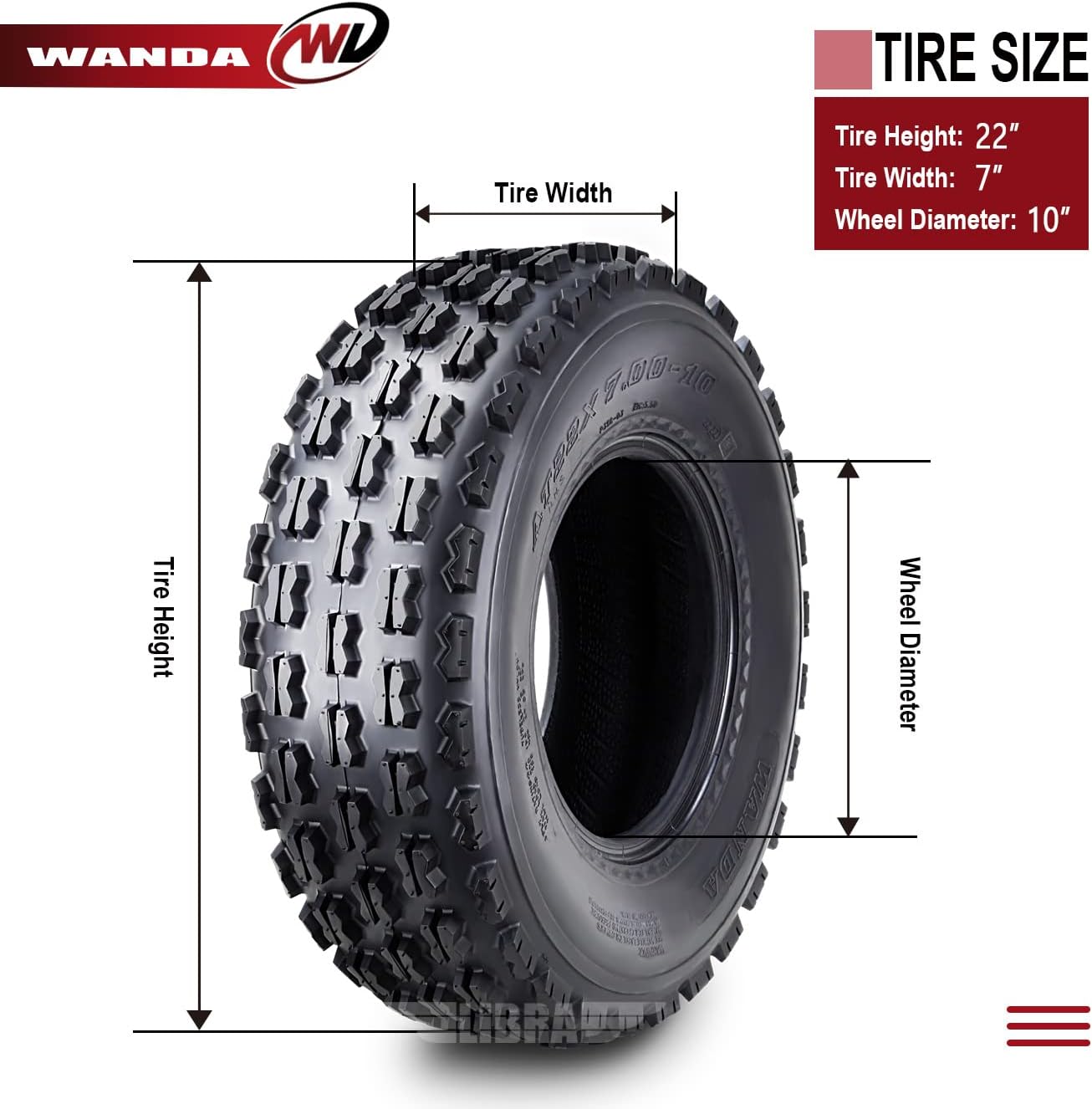WANDA 2 Sport ATV Tires 22x7-10 22x7x10 fit for Honda TRX 250EX 300EX 400EX 450R front GNCC Racing