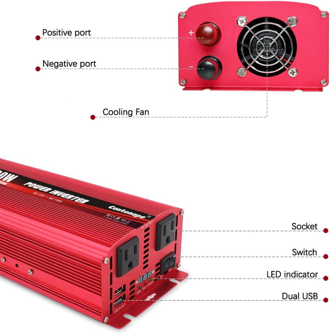 1500W/3000W(Peak) DC 12V to 110V/120V AC Power Inverter with Dual AC Outlets Dual 3.1A USB Car Adapter and Cigarette Lighter for Car Home Truck Outdoor Red