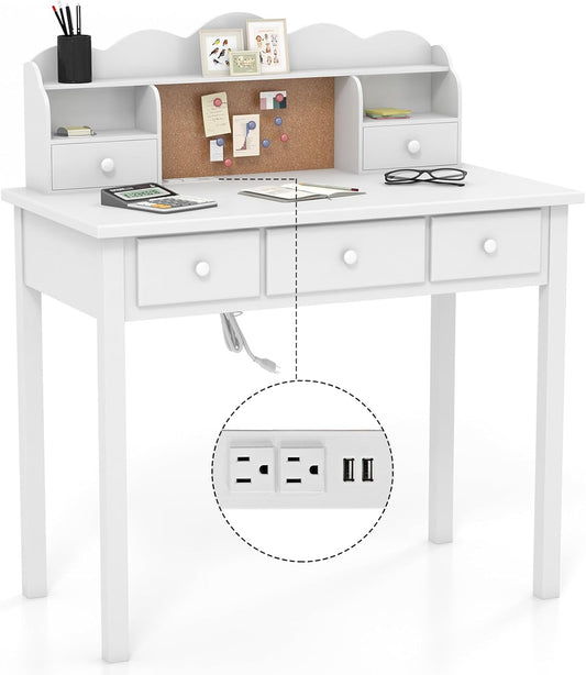 White Writing Desk with Hutch and Drawers, 36 Inch Home Office Desk with Charge Station, Computer Work Station with Storage Shelf