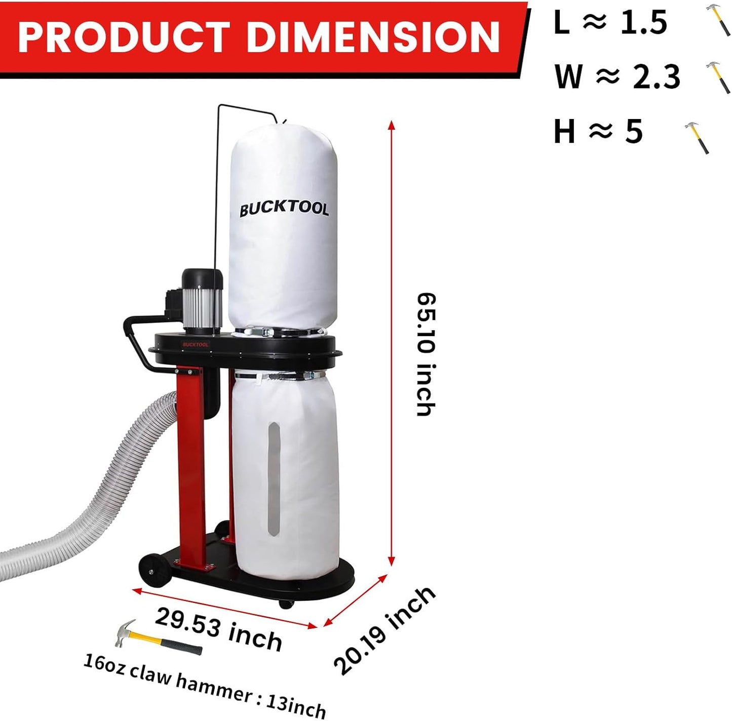 BUCKTOOL 1.2 HP Auto Start 750CFM Dust Collector with 3 Dust Collection Bag, 5.4 Cubic Bag Capacity and 5 PCS Reducer for Woodworking