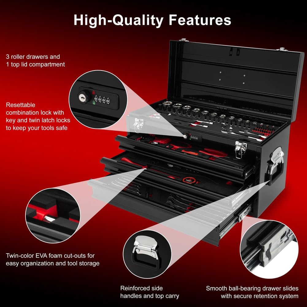 TUSK 3 Drawer Shop Tool Box with Resettable Combo Lock with 129-piece Count Tool Set-Durable Chrome Vanadium Steel