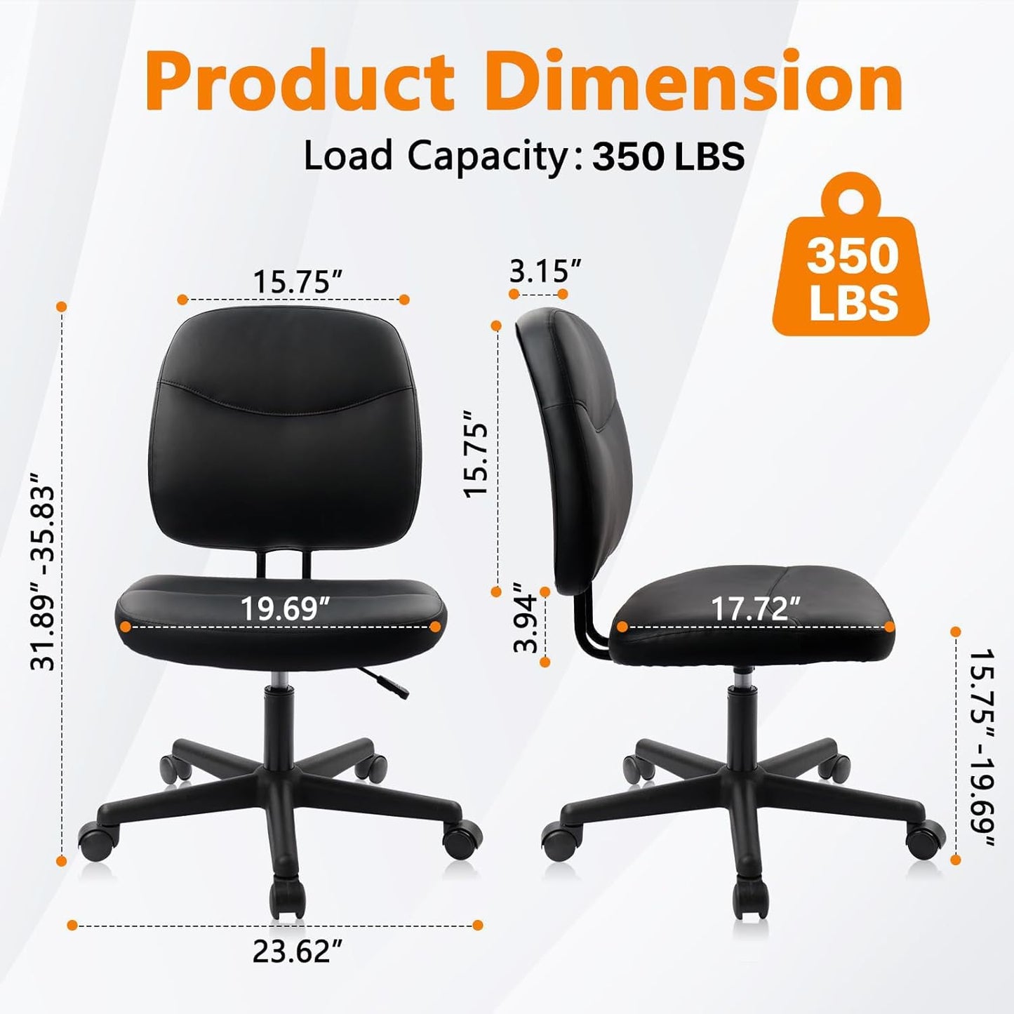 CLATINA Armless Home Office Chair,Small PU Leather Ergonomic Low Back Desk Chair with Lumbar Support and Wheels, Adjustable Height 360° Swivel Rolling Computer Task Chair, Black, 8 Pack
