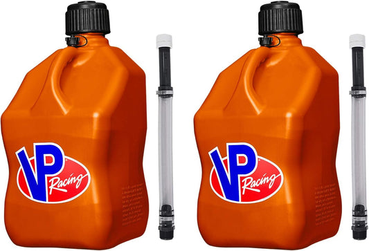 VP Racing 5 Gallon Square motorsport Container Orange with 2 Deluxe Filler Hoses (2 Pack)