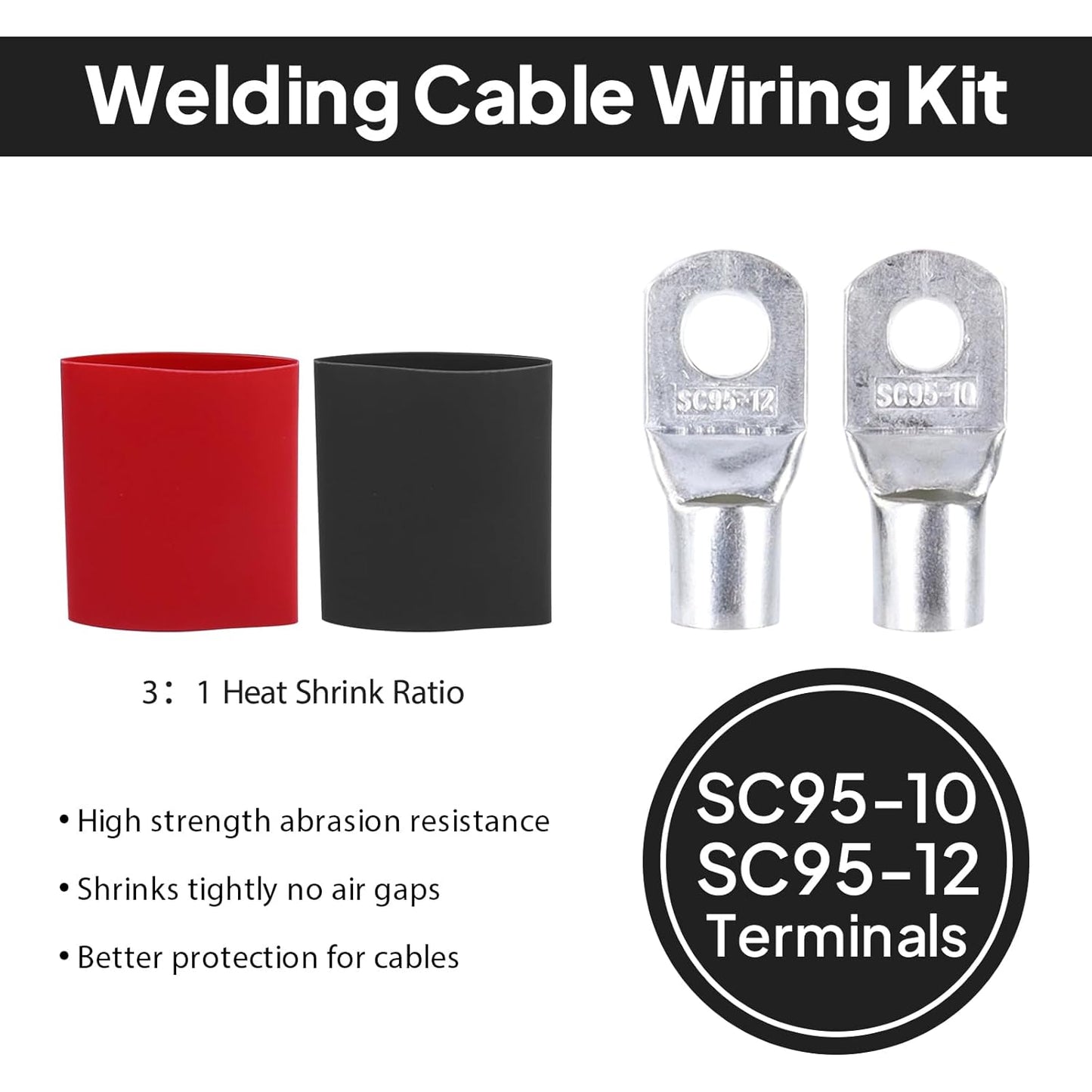 2/0 Gauge Battery Cable (12 Feet Black, 12 Feet Red) - 2/0 AWG CCA Welding Wire with SC Connector Lugs & 3:1 Heat Shrink Tubes for Solar, Car, RV, Truck Cables