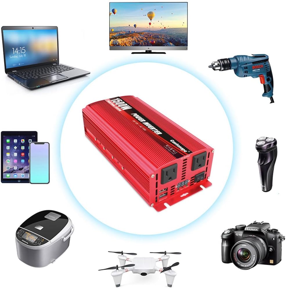1500W/3000W(Peak) DC 12V to 110V/120V AC Power Inverter with Dual AC Outlets Dual 3.1A USB Car Adapter and Cigarette Lighter for Car Home Truck Outdoor Red