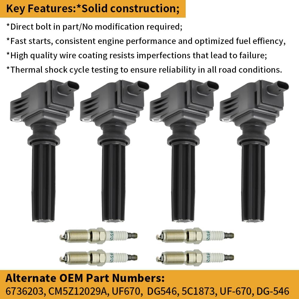 Set of 4 UF670 Ignition Coil with Spark Plug Compatible with 2.0L L4 Ford Edge Escape Explorer Focus Fusion Taurus Mustang Lincoln 2012 2013 2014 2015 2016 2017 2018 2019 Replacement CM5Z12029A DG546