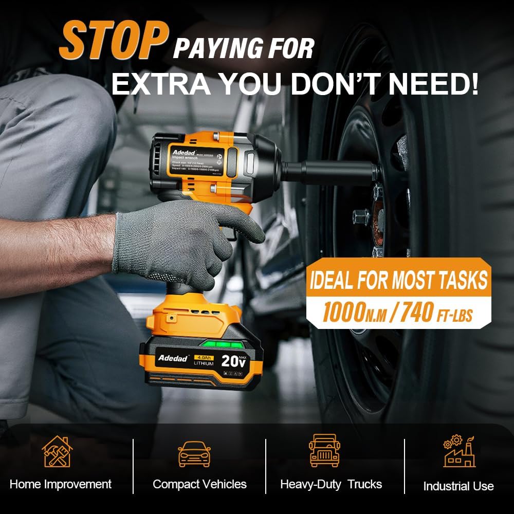 1000N.m Cordless Impact Wrench 1/2 inch,20V 740ft-lbs High Torque Impact Gun with 2 x 4.0 AH Batteries,Sockets and Case,Brushless Power Impact Driver for Automotive and Heavy Duty Use