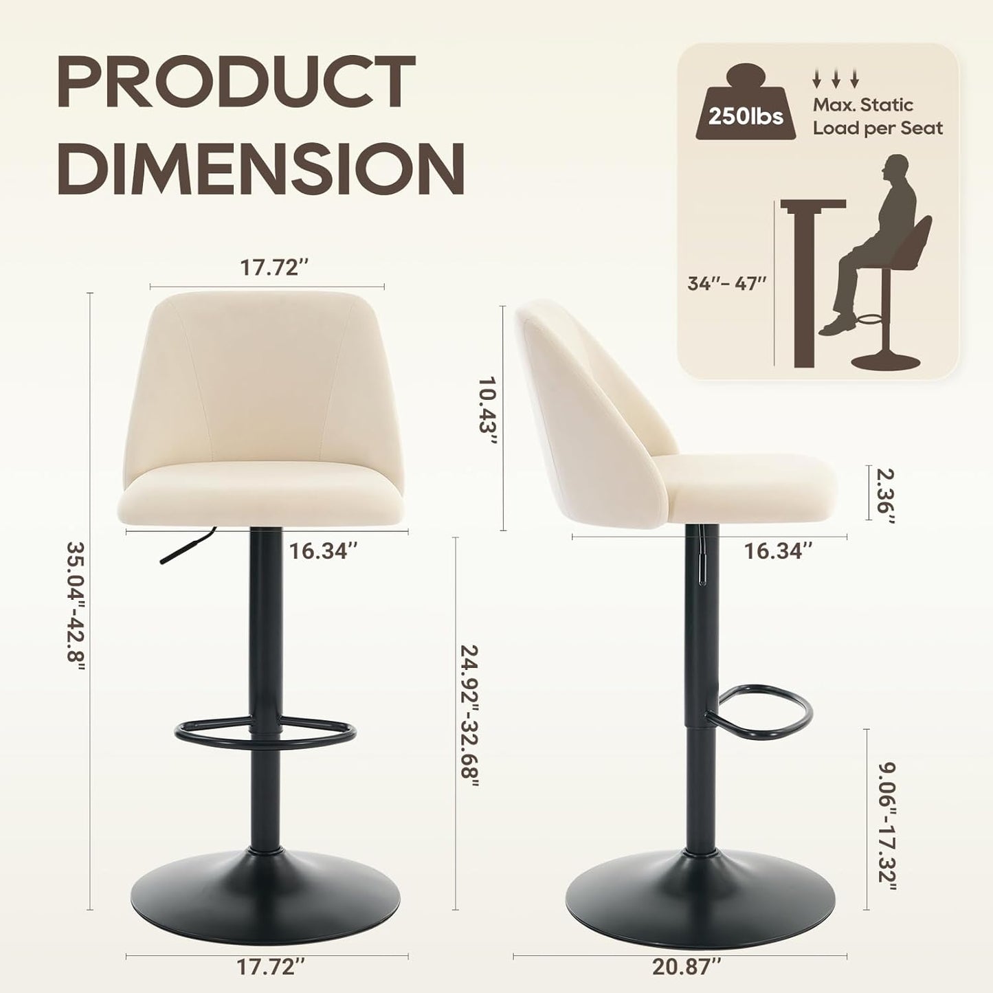 COLAMY Bar Stools Set of 3, Modern Swivel Bar Chairs, Adjustable Upholstered Barstools Counter Height with Full Backrest for Bar, Dining Room, Kitchen Island, Beige