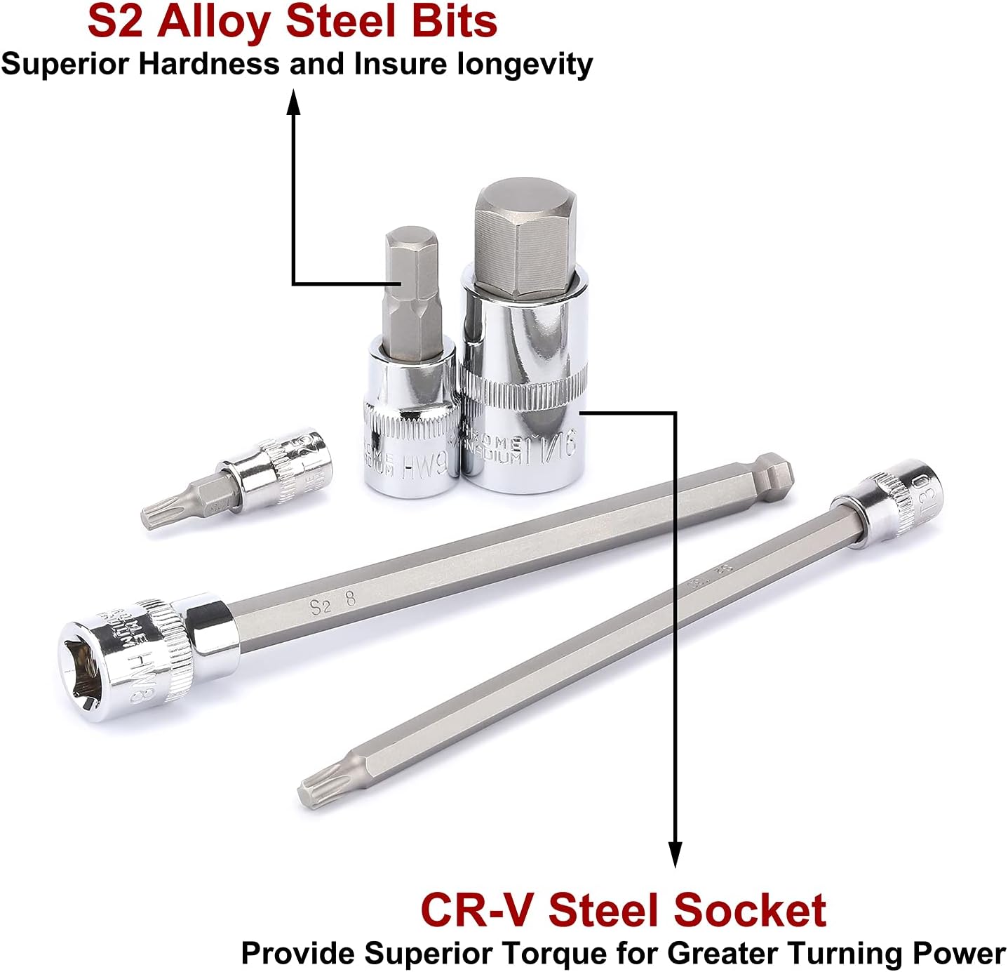 CASOMAN 107 Pieces Bit Socket Set, 1/4", 3/8" and 1/2" Drive, Torx/Tamper Proof Torx/Hex/Ball End Hex, SAE/Metric, S2 Steel Bits