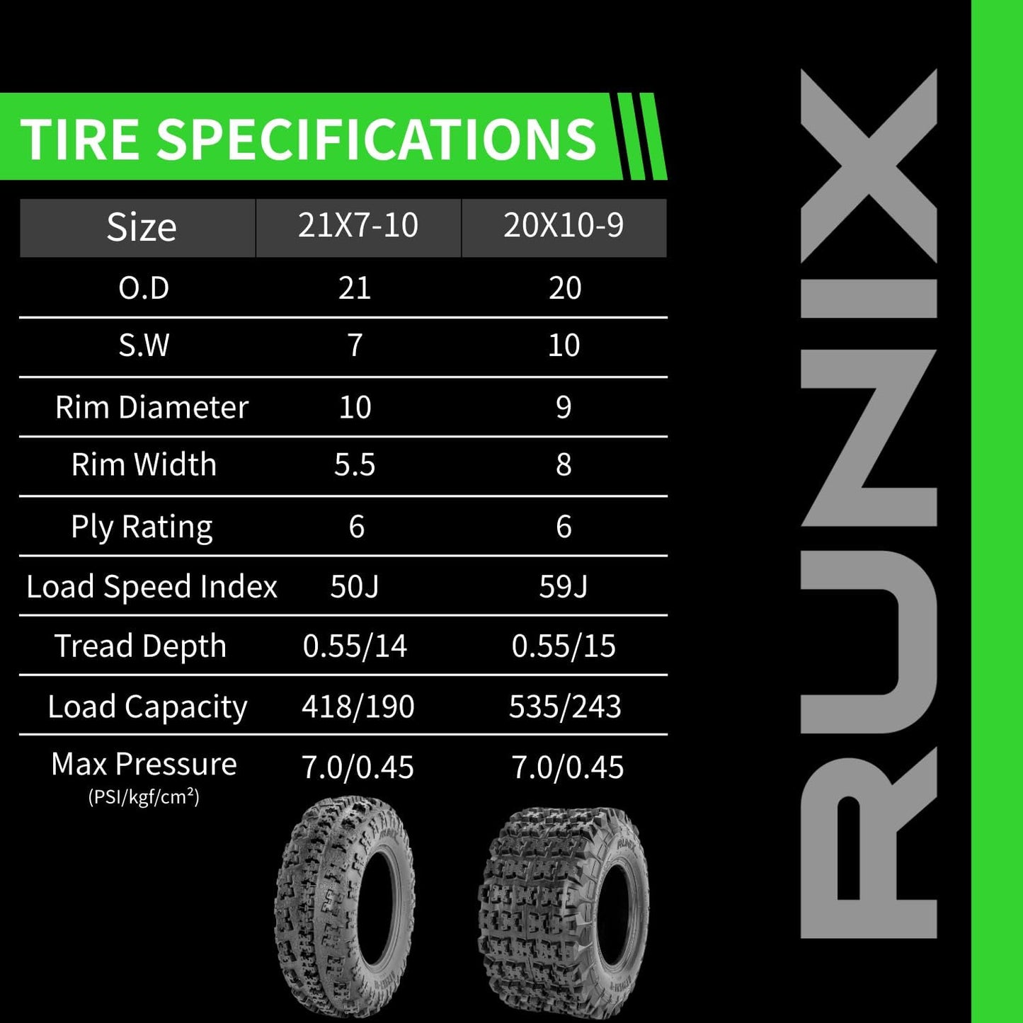 RUNIX ATV UTV Tires, RUNIX RoamX, 21X700-10 Front, 20X10.00-9 Rare, Set of 4, All Terrain, 6PR, Tubeless