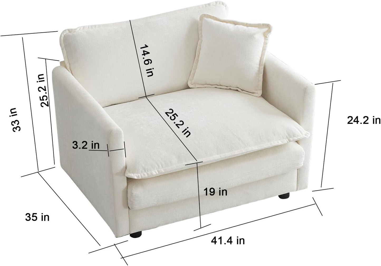 WILLIAMSPACE 41" Single Sofa Chair, Modern Upholstered Armchair with 1 Toss Pillow, Small Cream Couch Chair for Living Room, Deep Seat Reading Sofa for Bedroom Apartment, Chenille Fabric (Cream White)