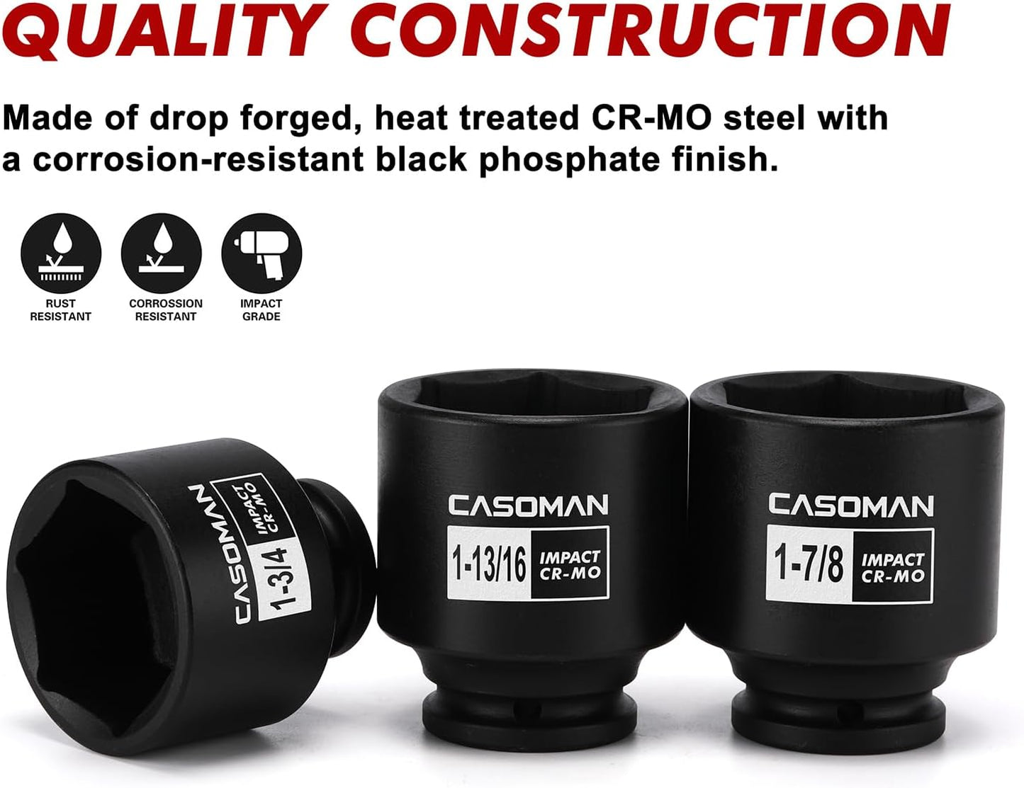 CASOMAN 16PCS 1/2" Drive Shallow Spindle Axle Nut Impact Socket Set, 6-Point, Large Socket Set, SAE(1-5/16" to 2-1/4"), CR-MO