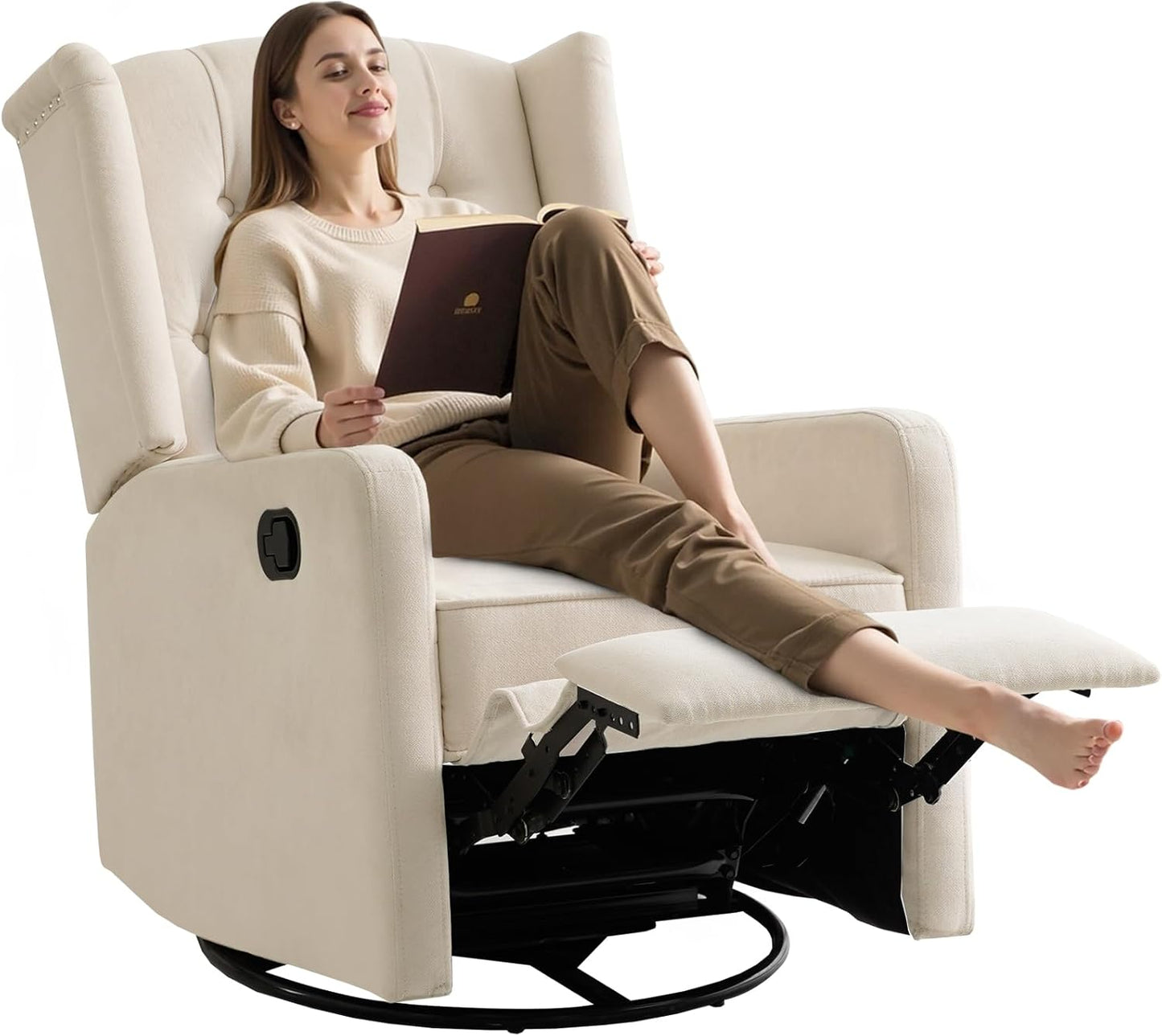 ABAKAN Swivel Rocker Recliner Chair, 360 Degree Nursery Rocking Recliner, Linen Glider Chair with Button Tufted Wingback Chair, for Living Room, Bedroom,Ash Beige