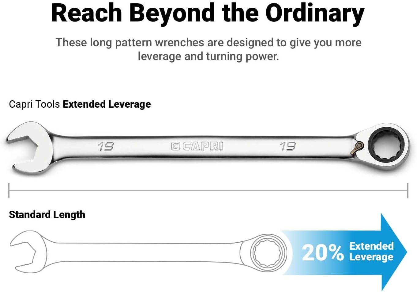 Capri Tools 120-Tooth Ultra-Smooth Reversible Ratcheting Wrenches Set, XL Long Series, 12-Point, 8 to 19 mm, Metric, 12-Piece with Merchanic's Tray