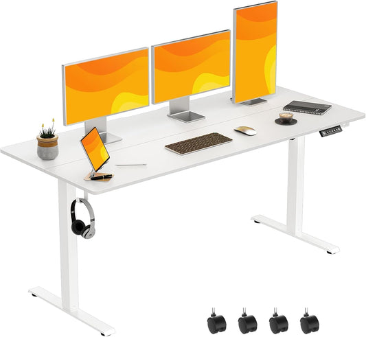 63 x 28 Inch Electric Standing Desk Adjustable Height,Sit Stand Up Desk with Wheels,Home Office,Rising Desk,Computer Workstation, Gaming Work (Spliced Desktop,White)