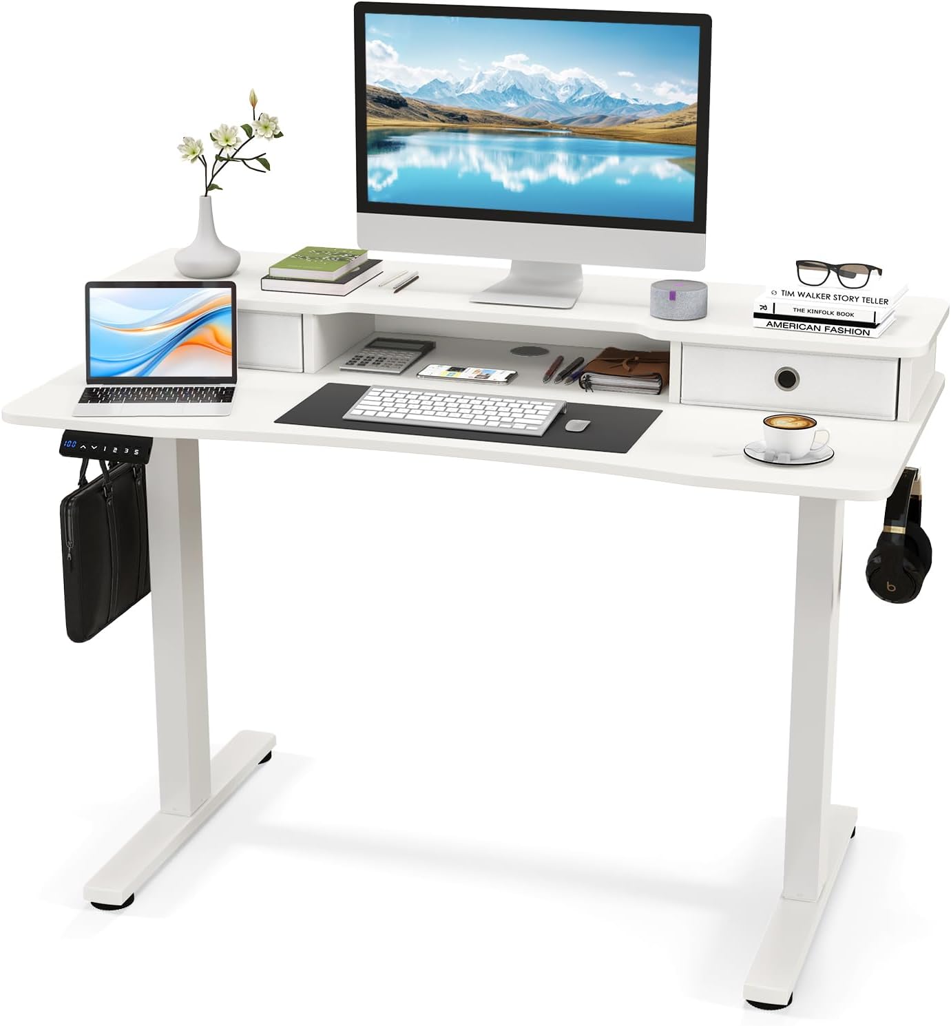 Tangkula 63" x 24" Standing Desk with Drawers, Electric Stand-up Desk with Monitor Stand, Side Hooks, 3 Memory Heights, Anti-Collision Design, Height Adjustable Sit Stand Desk for Home Office