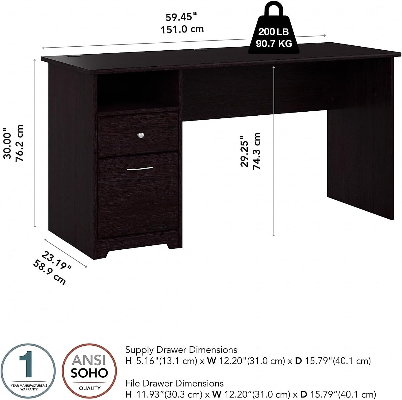 Bush Furniture Cabot 60W Computer Desk with Drawers in Espresso Oak, Workstation and File Storage, Desktop with Organization Solutions for Home Office