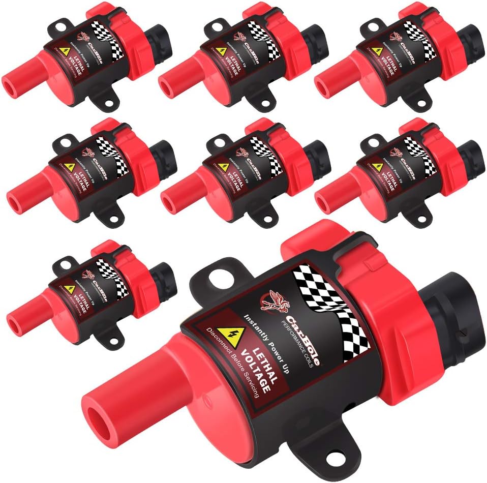 CarBole Round D585 UF262 Ignition Coils and 748UU 8mm Spark Plug Wires Set, Fit For Chevy Silverado LS1 LS3 4.8 5.3L Chevrolet GMC 4.8L 5.3 5.7 6.0, Pack of 8pcs (Round Coils)