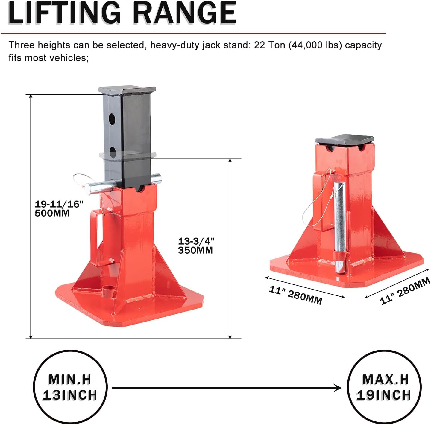22 Ton (44,000 lbs) Heavy Duty Pin Type Professional Car Jack Stands with Lock Adjustable Height to 19.75" Fit for Supporting Trucks, Trailers and Equipment, 1 Pair