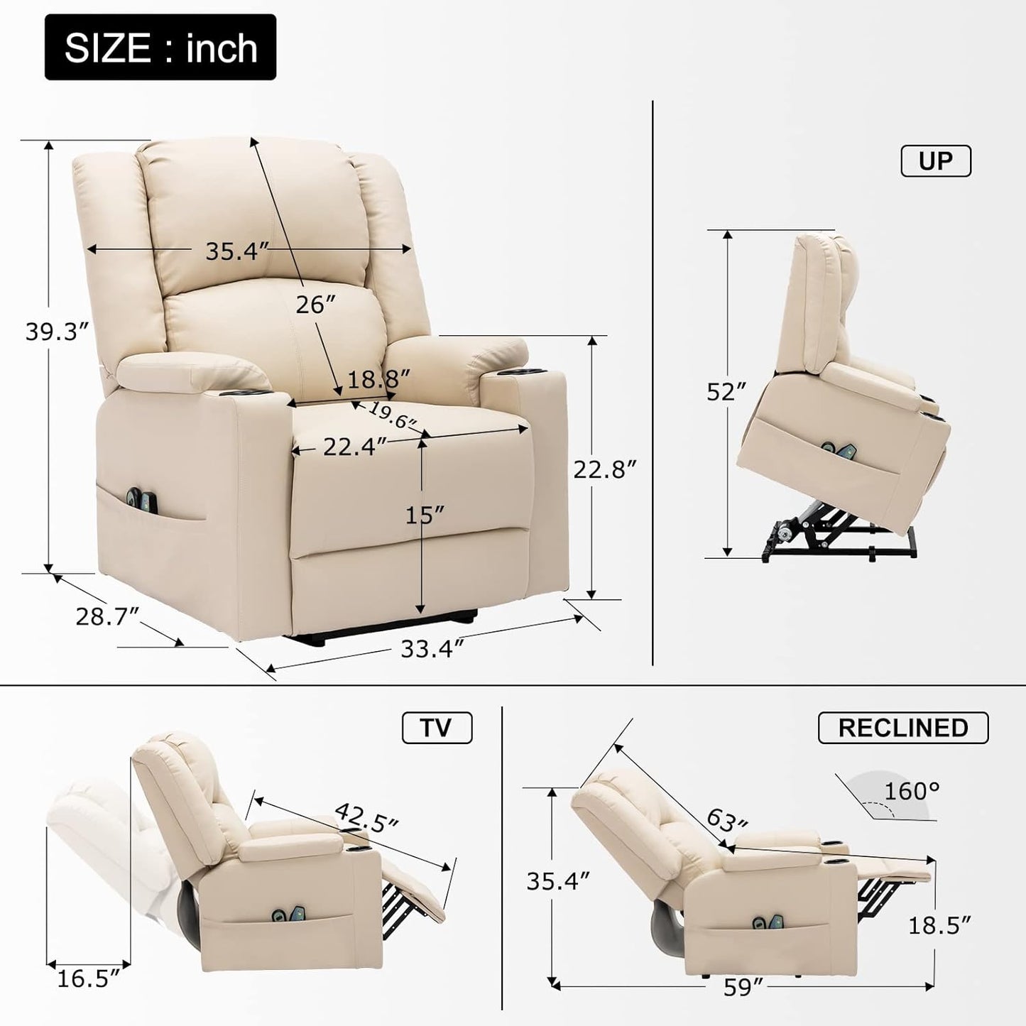 COMHOMA Power Lift Recliner for Elderly,Lift Chair with Heat and Massage,PU Recliner Sofa with Timing Function 2 Side Pockets,Cup Holders and Infinite Position for Living Room (White)