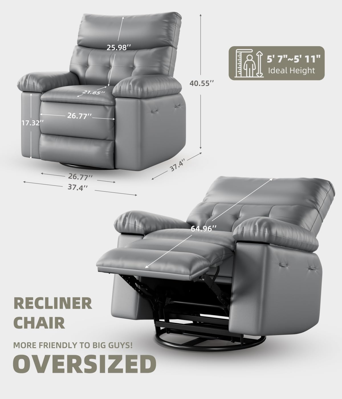 27" Oversized Recliner Chairs with Heat and Massage - 360° Swivel Lazy Recliner Chair for Adults- Manual Rocking Chair with Remote Control for Living Rooms, Bedrooms and Nurseries - Grey