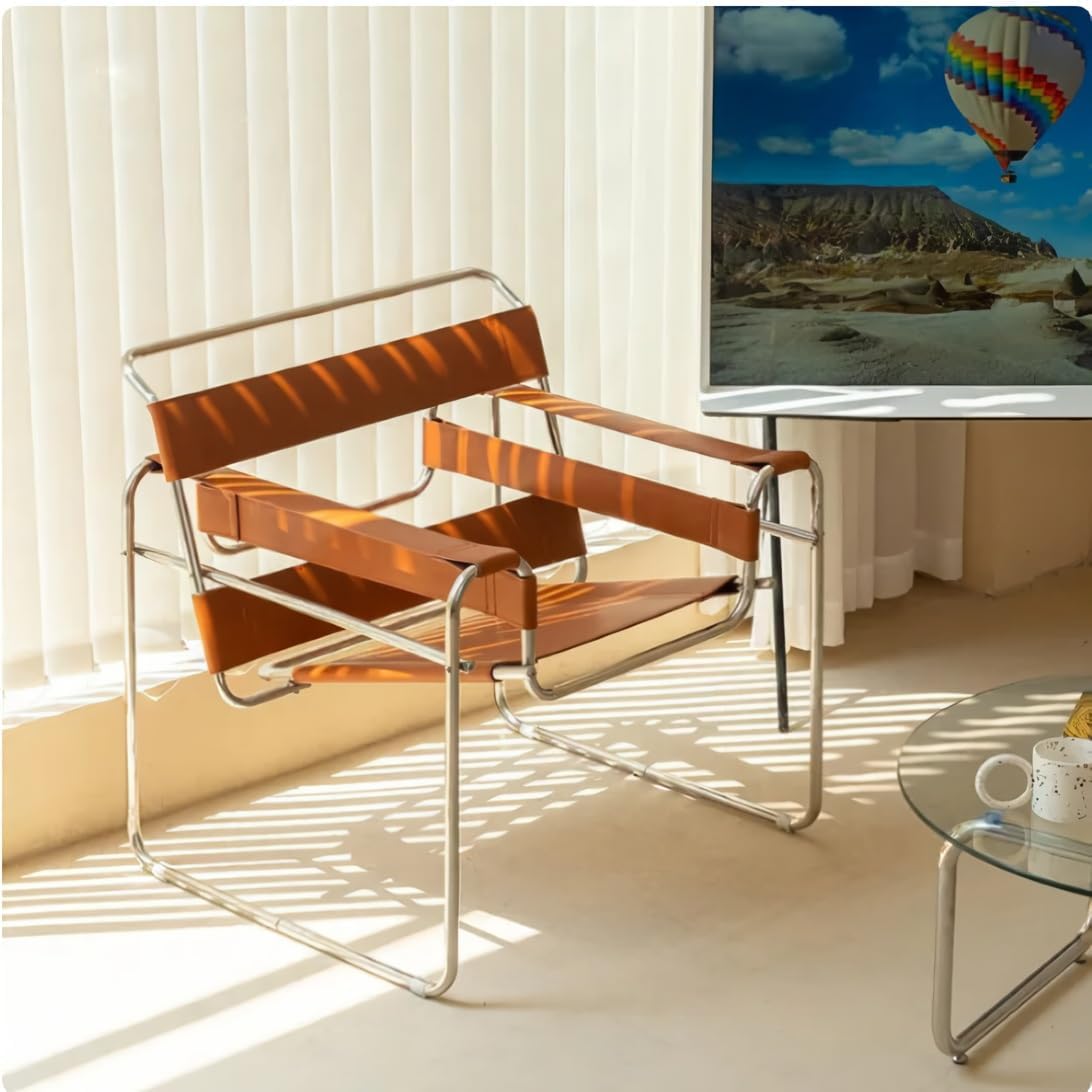 Saddle Leather Armchair, Mid-Century Modern Accent Chair, Studio Chair, Stainless Steel Frame for Living Room Bedroom Office Studio, Amber
