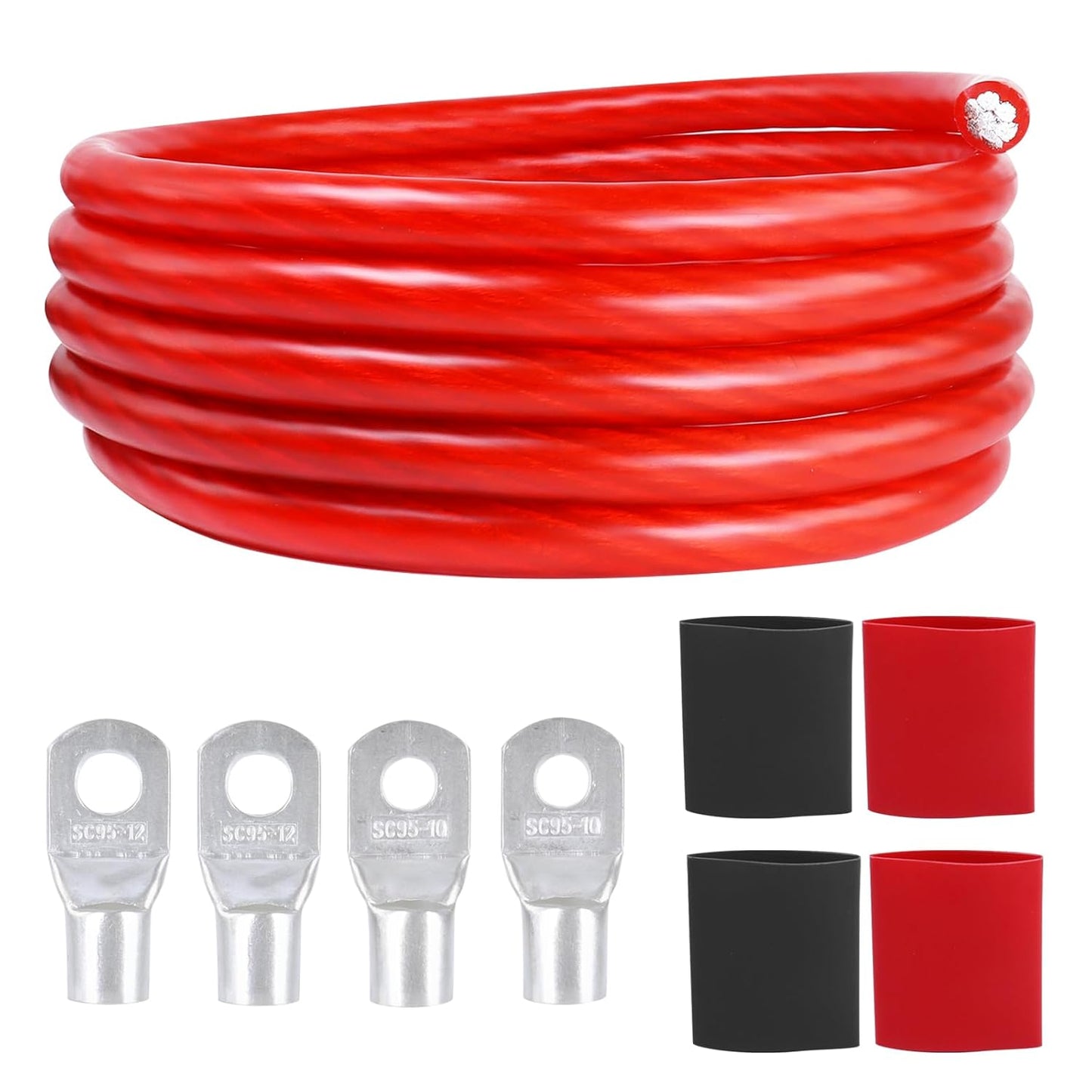 2/0 Gauge Battery Cable (12 Feet Black, 12 Feet Red) - 2/0 AWG CCA Welding Wire with SC Connector Lugs & 3:1 Heat Shrink Tubes for Solar, Car, RV, Truck Cables