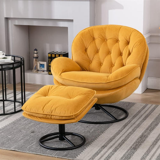Velvet 360 Degree Swiveling Accent Chair with Ottoman Set, Modern Lounge Sofa Chair with Metal Base Frame & Footrest, Comfy Single Leisure TV Chair Reading Chair for Living Room and Office, Yellow