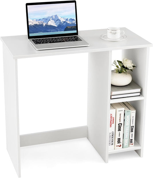 Tangkula Small White Desk with Shelves, Compact Desk for Small Space, Study Writing Table with 2 Tier Shelves, Modern Simple Style Laptop PC Table, White