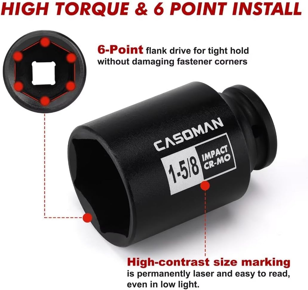 CASOMAN 11PCS 1/2-Inch Drive Large Impact Socket Set, 6 Point, 1-3/8-Inch to 2-Inch, SAE Spindle Axle Nut Impact Socket Set, CR-MO
