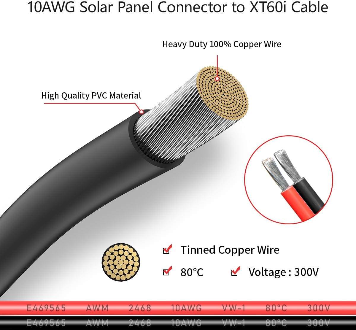 10AWG 25FT Solar to XT60i Cable 2 10 25 35 50 75 100FT Solar Connector to XT60i Adapter Cable for Portable Power Station (25FT)
