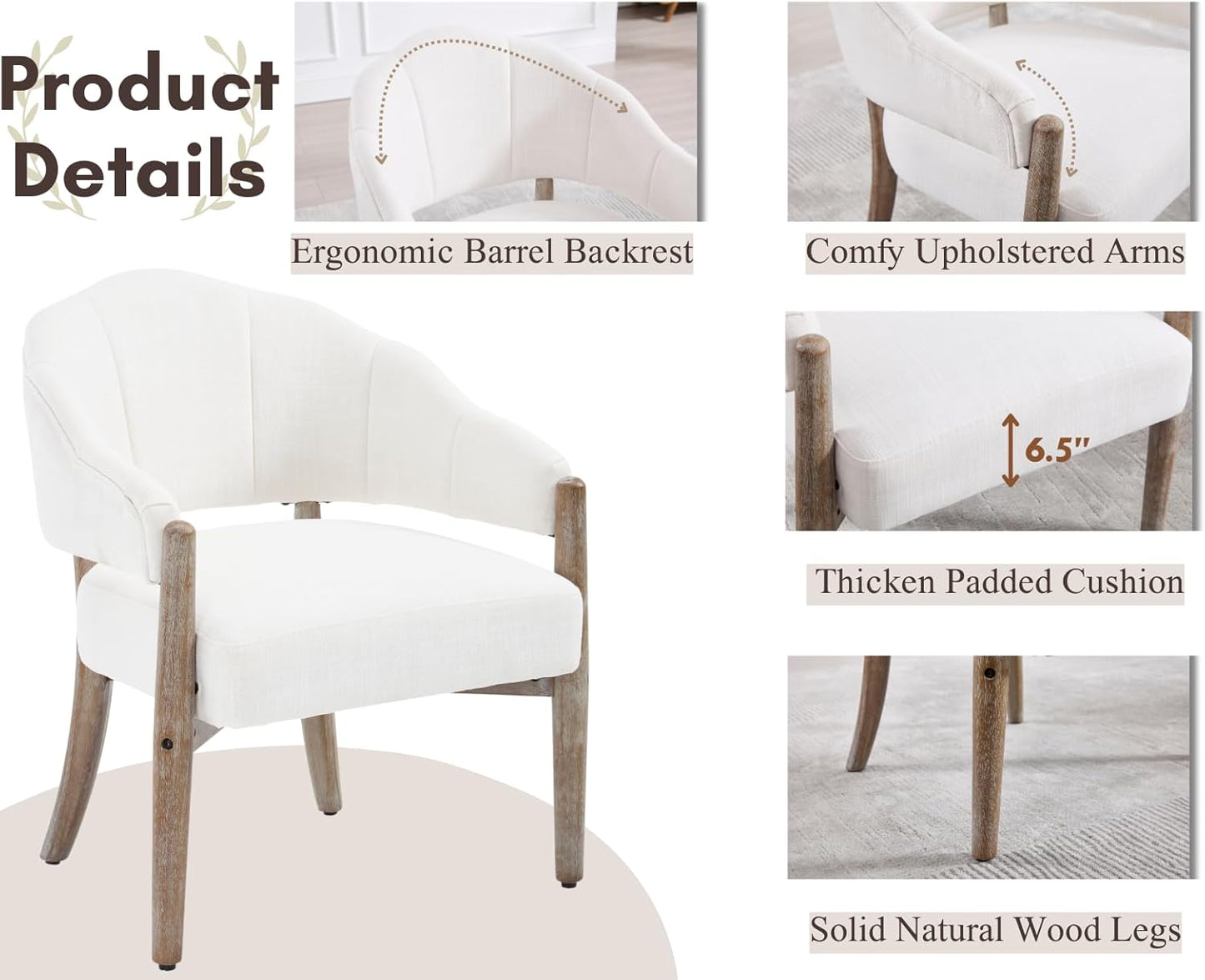 CIMOTA White Accent Chairs Set of 2 Farmhouse Fabric Barrel Chairs Linen Upholstered Armchairs with Wood Legs, 21.5" Wide Comfy Reading Chairs Side Sitting Chairs for Living Room/Bedroom/Makeup