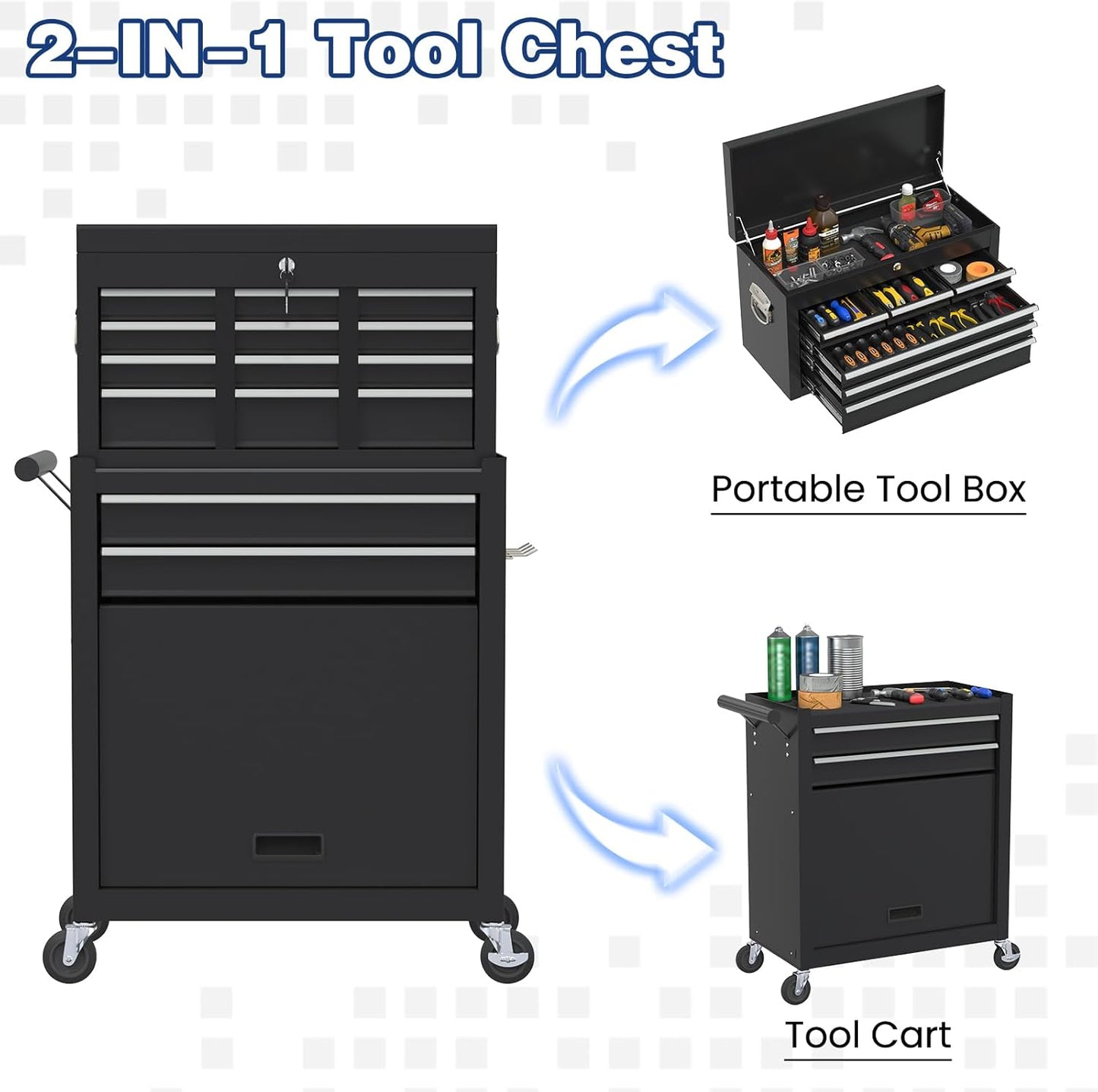 Rolling Tool Box with Wheels, 8-Drawer High Capacity Tool Chest with Wheels, Removable Storage Toolbox with Lock for Garage, Workshop