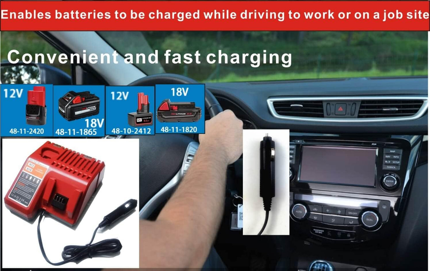Compatible with Milwaukee 48-59-1810 Vehicle/Car Charger for M12/12V 18V/M18 Battery Charger for 48-11-2401, 48-11-2402, C12 B, C12 BX, M12, M14,M18, M18B, M18B4, M18BX
