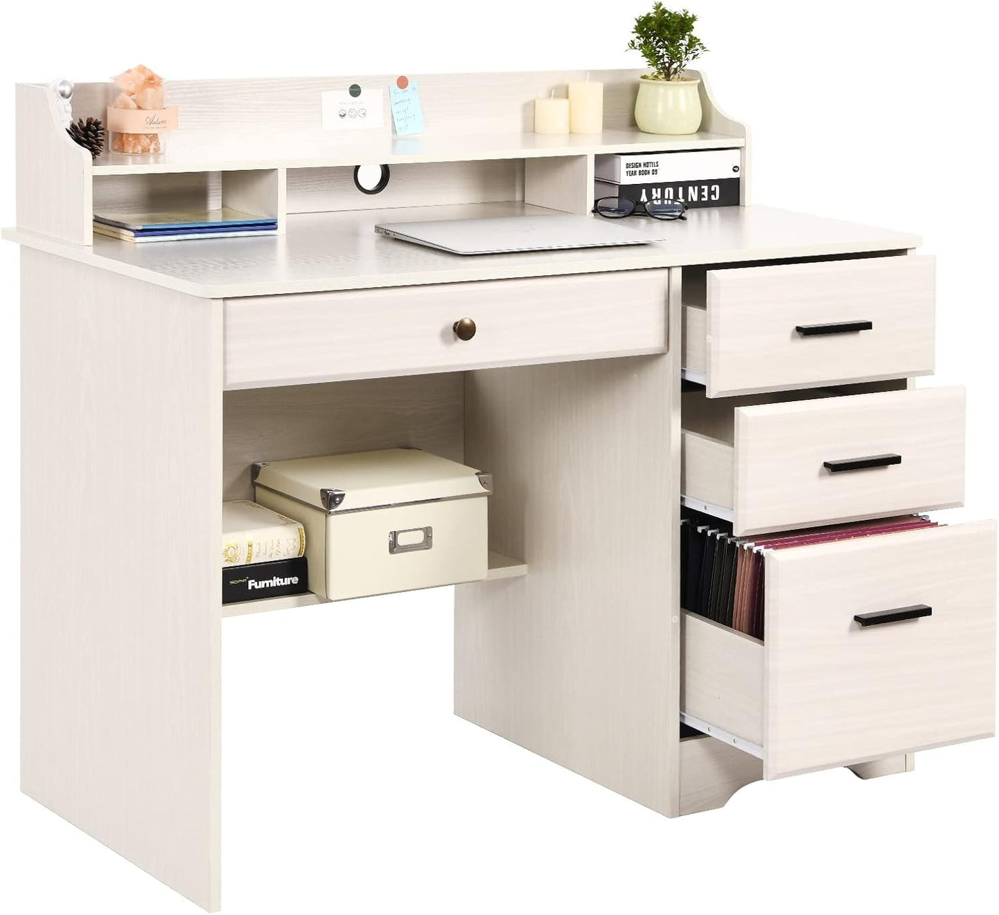 White Desk with Drawers and Storage, Home Office Desk Computer Desk with 4 Drawers & Hutch, Home Desk Small White Desk with Drawers for Bedroom, Home Office, White