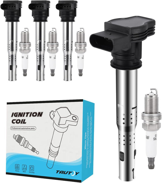 UF575 Ignition Coil Pack Spark Plug Iridium 4 PCS (2.0L 4.2L) 2004-2019 For Audi A3 A4 A5 A6 A8 Allroad Q3 Q5 RS4 RS5 TT,For VW Beetle CC Eos GLI Golf GTI Jetta Passat Rabbit