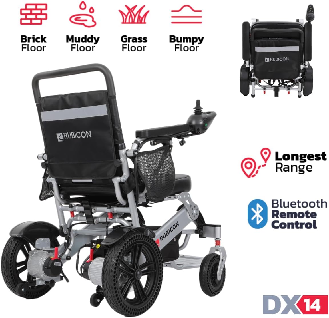 Rubicon DX14 - Longest Range 30 Miles, Airline Approved Electric Wheelchair, Dual 12AH Lithium Batteries, 2x300W Motors, Leather Cushion, Foldable, Lightweight & Powerful (Model1)
