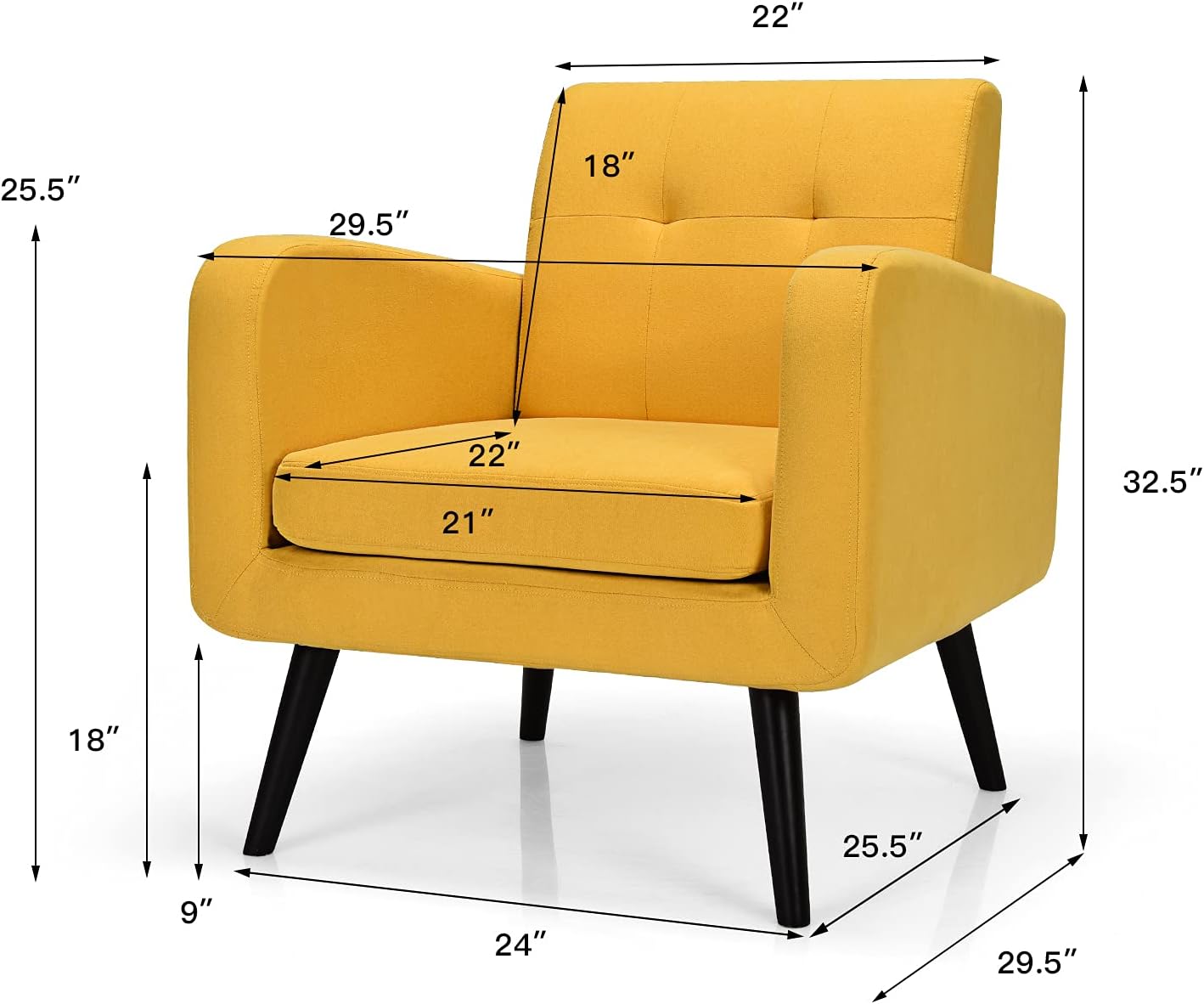 S AFSTAR Modern Upholstered Armchair, Mid-Century Fabric Accent Chair with Rubber Wood Legs, Leisure Lounge Chairs Living Room Furniture (2, Yellow)