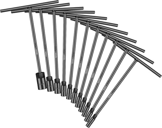 T-Handle Socket Wrench Set, 11PCS Metric Handle Wrenches - 6, 7, 8, 9, 10, 11, 12, 13, 15, 17, 19mm, 6-Point Hex Socket Lug Wrench for Motorcycle Car Bicycle Repair, Chrome Vanadium Steel