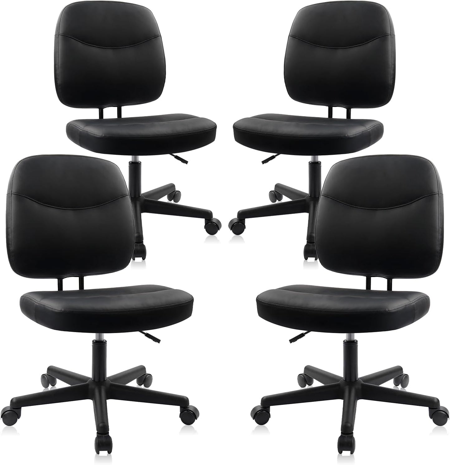CLATINA Armless Home Office Chair,Small PU Leather Ergonomic Low Back Desk Chair with Lumbar Support and Wheels, Adjustable Height 360° Swivel Rolling Computer Task Chair, Black, 8 Pack