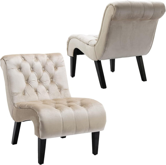 Comfy Velvet Accent Chair Set of 2, Upholstered Armless Side Chair for Living Room, Modern Small Lounger with Tufted Back and Rolled Edge Design, Comfy Chaise Lounge with Rubber Wood Legs, Beige