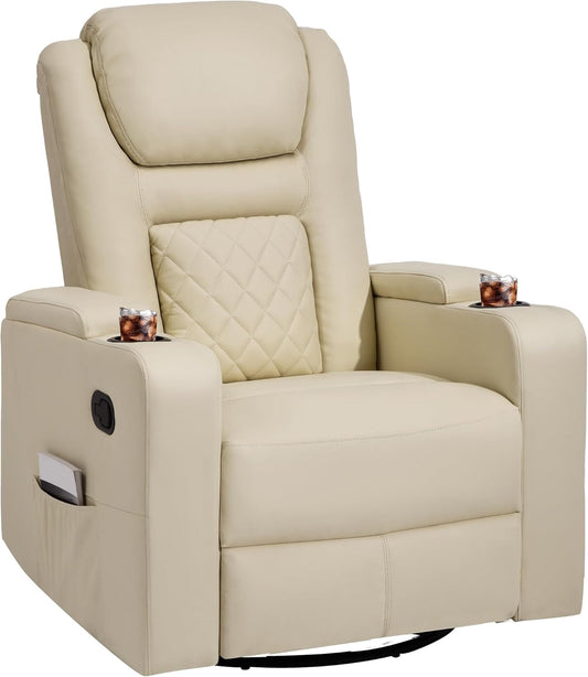 YITAHOME Swivel Rocking Recliner with Massage and Heat, Hidden Arm Storage, Faux Leather Rocker Recliner Chairs with Cup Holders, Comfy Home Theater Seating, Manual Recliner for Living Room, Beige2